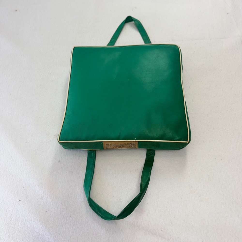 Vintage Green Vinyl USCG Buoyant Boat Cushion 15x15 Kapok Filled Nautical Decor
